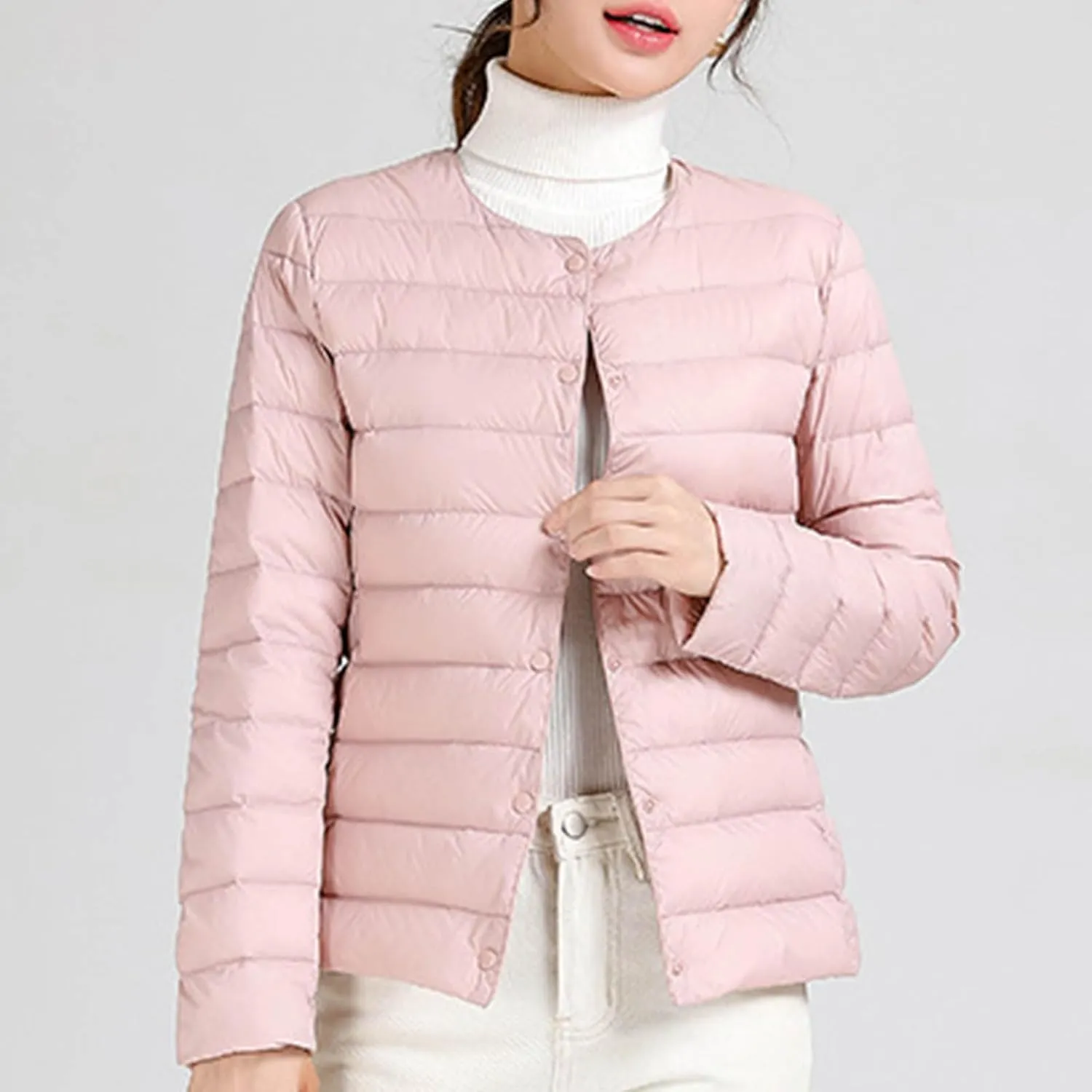 Womens Lightweight Packable Puffer Jackets Long Sleeve Down Coats Button Up Cardigan Short Winter Coat Quilted Jacket