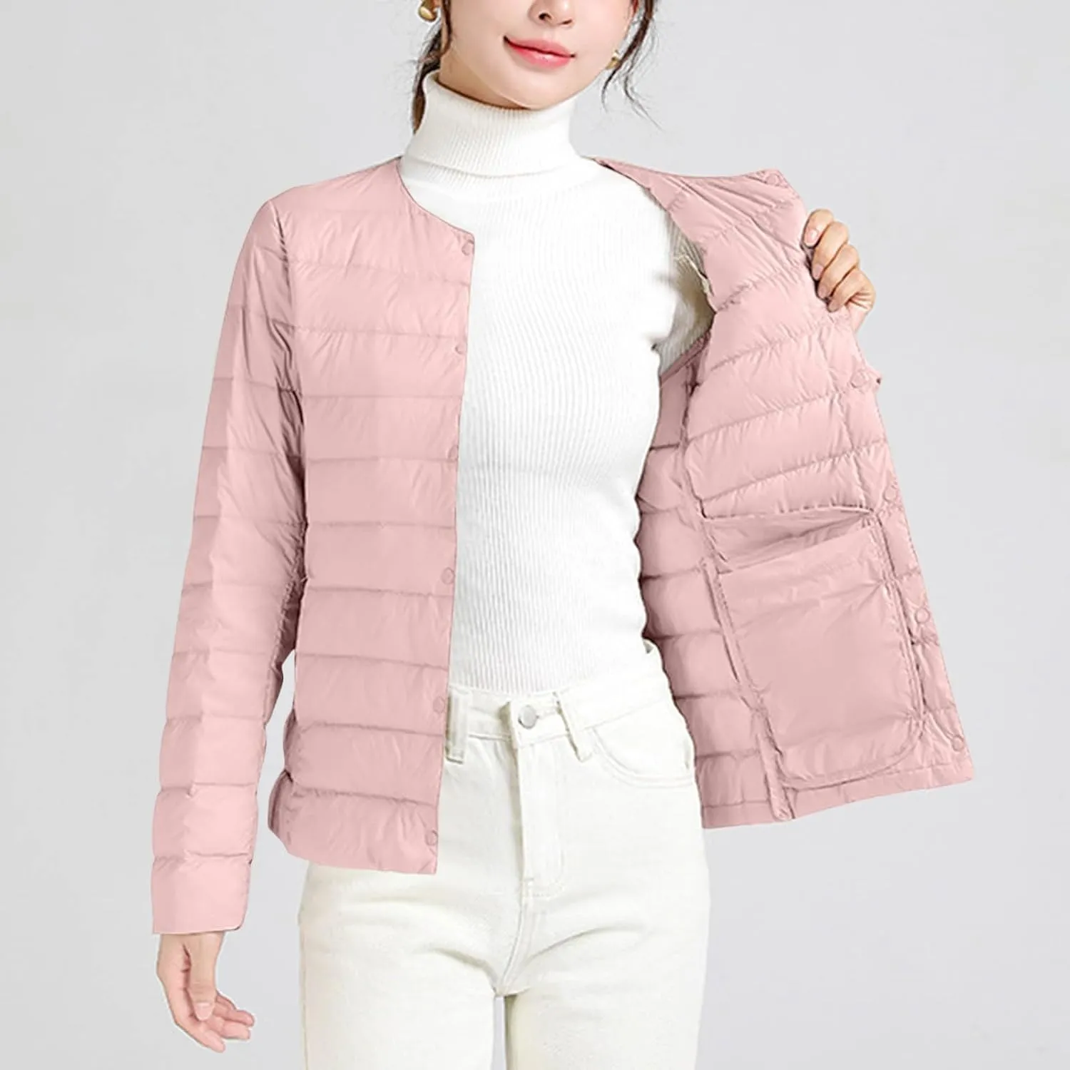 Womens Lightweight Packable Puffer Jackets Long Sleeve Down Coats Button Up Cardigan Short Winter Coat Quilted Jacket