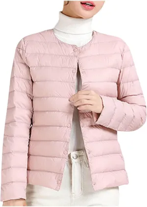 Womens Lightweight Packable Puffer Jackets Long Sleeve Down Coats Button Up Cardigan Short Winter Coat Quilted Jacket