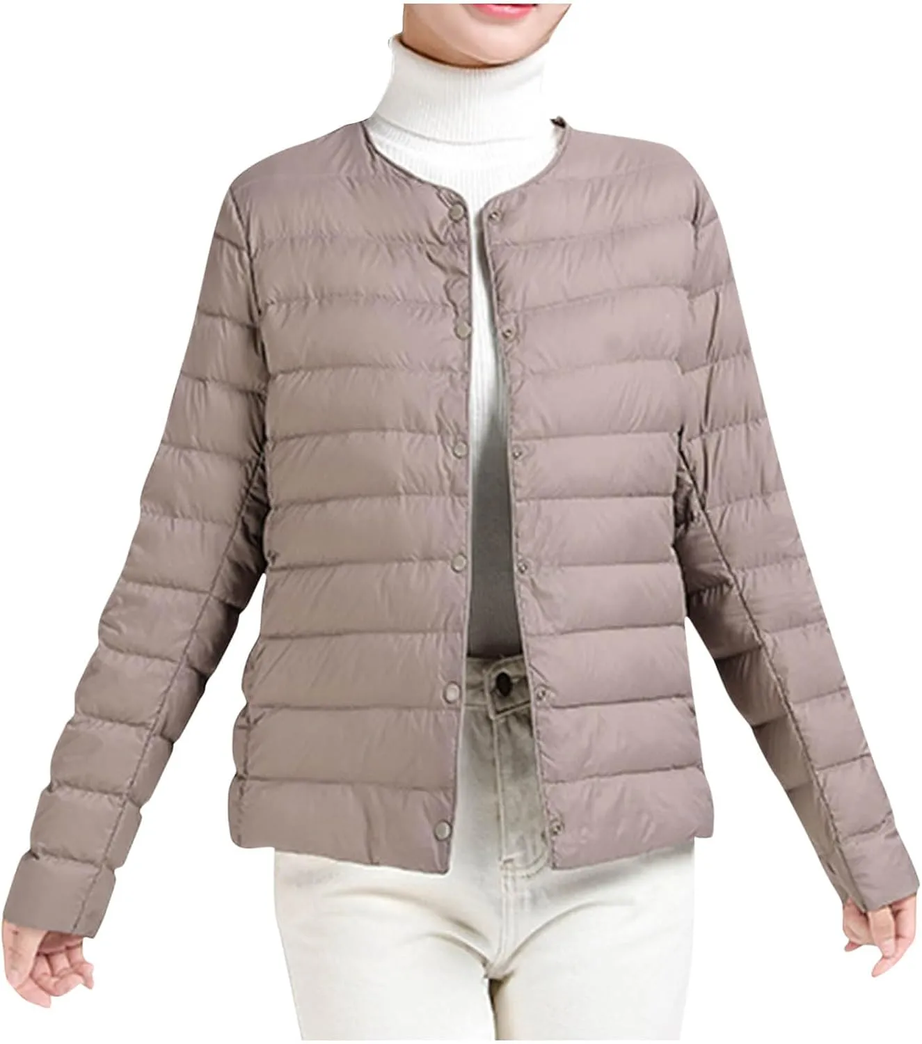 Womens Lightweight Packable Puffer Jackets Long Sleeve Down Coats Button Up Cardigan Short Winter Coat Quilted Jacket