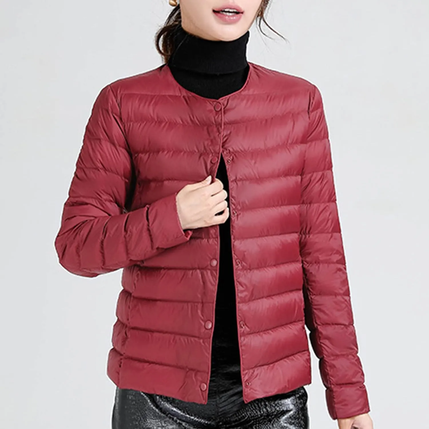 Womens Lightweight Packable Puffer Jackets Long Sleeve Down Coats Button Up Cardigan Short Winter Coat Quilted Jacket