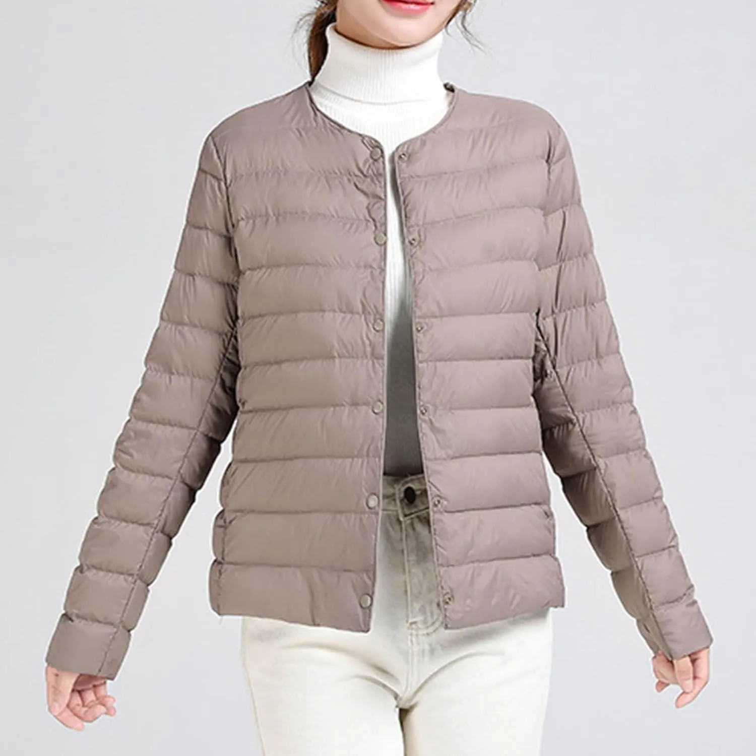 Womens Lightweight Packable Puffer Jackets Long Sleeve Down Coats Button Up Cardigan Short Winter Coat Quilted Jacket