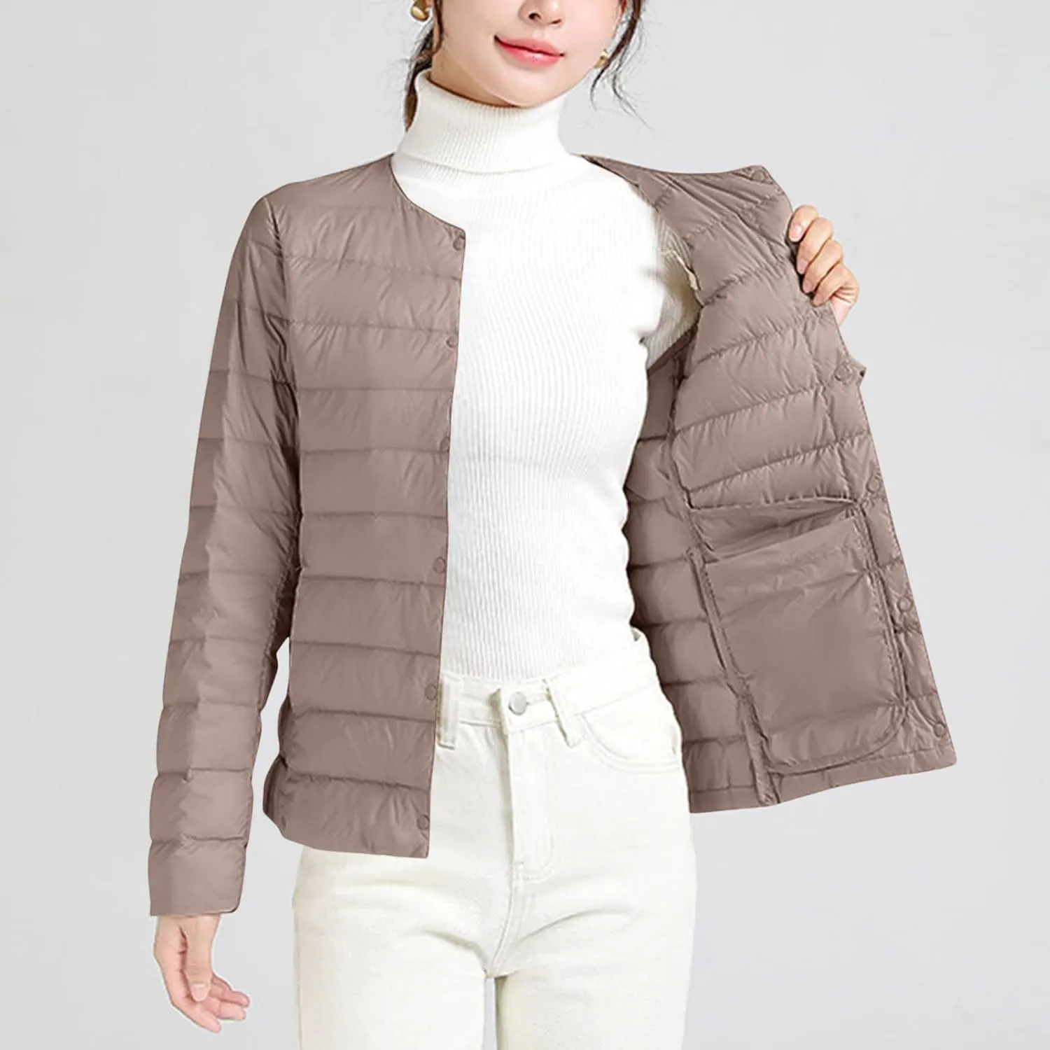 Womens Lightweight Packable Puffer Jackets Long Sleeve Down Coats Button Up Cardigan Short Winter Coat Quilted Jacket