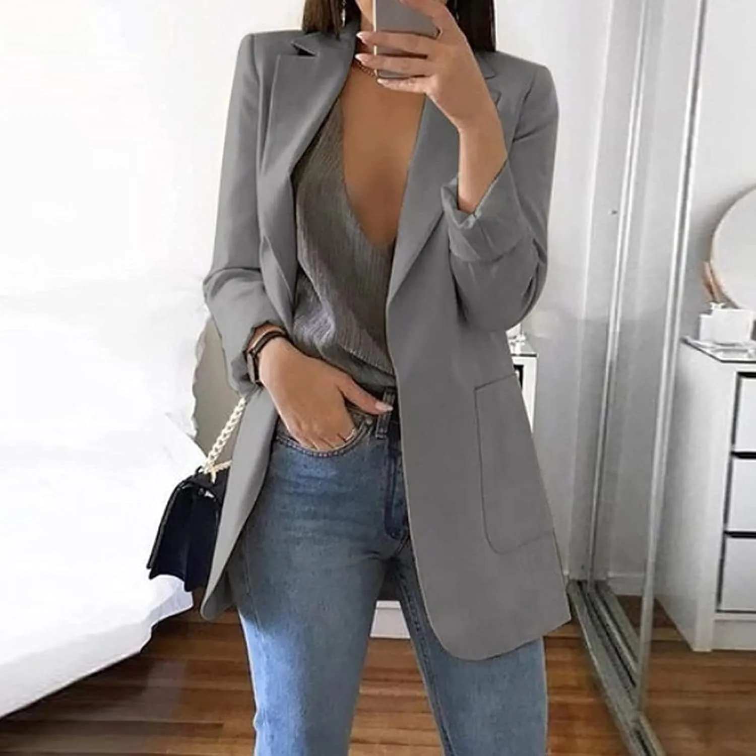 Womens Long Blazer Comfy Turn Down Collar Work Office Blazer Daily Casual Long Sleeve V Neck Trendy Clothes