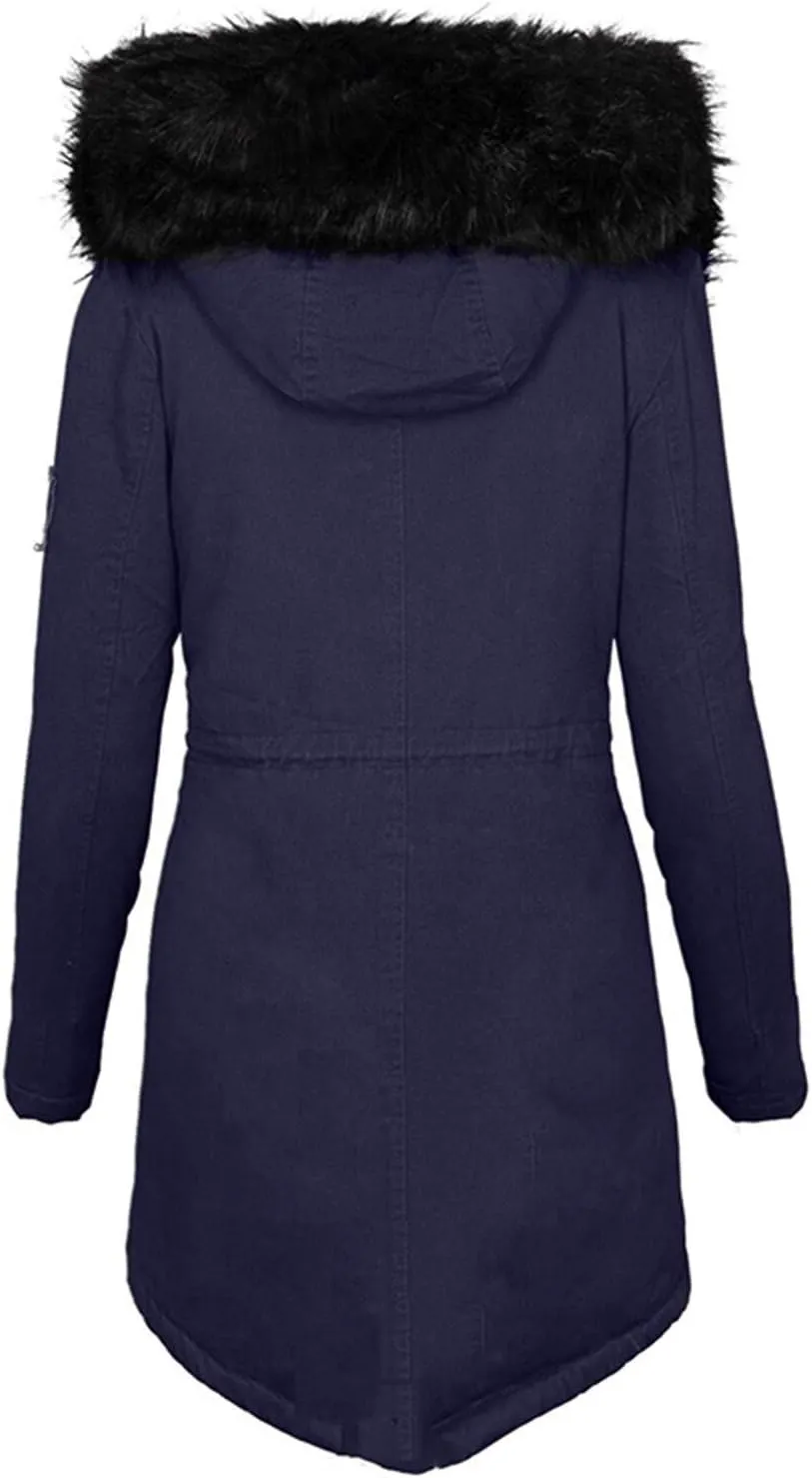 Womens Long Puffer Coat Jackets Fleece Lined Coats Ladies Padded Thermal Overcoat with Faux Hooded Hooded Parka