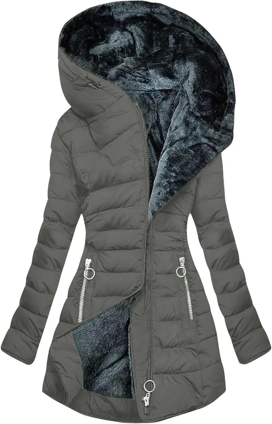 Womens Long Puffer Coat Jackets Fleece Lined Coats Ladies Padded Thermal Overcoat with Faux Hooded Hooded Parka
