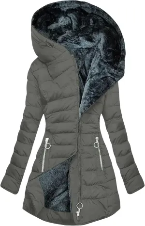 Womens Long Puffer Coat Jackets Fleece Lined Coats Ladies Padded Thermal Overcoat with Faux Hooded Hooded Parka