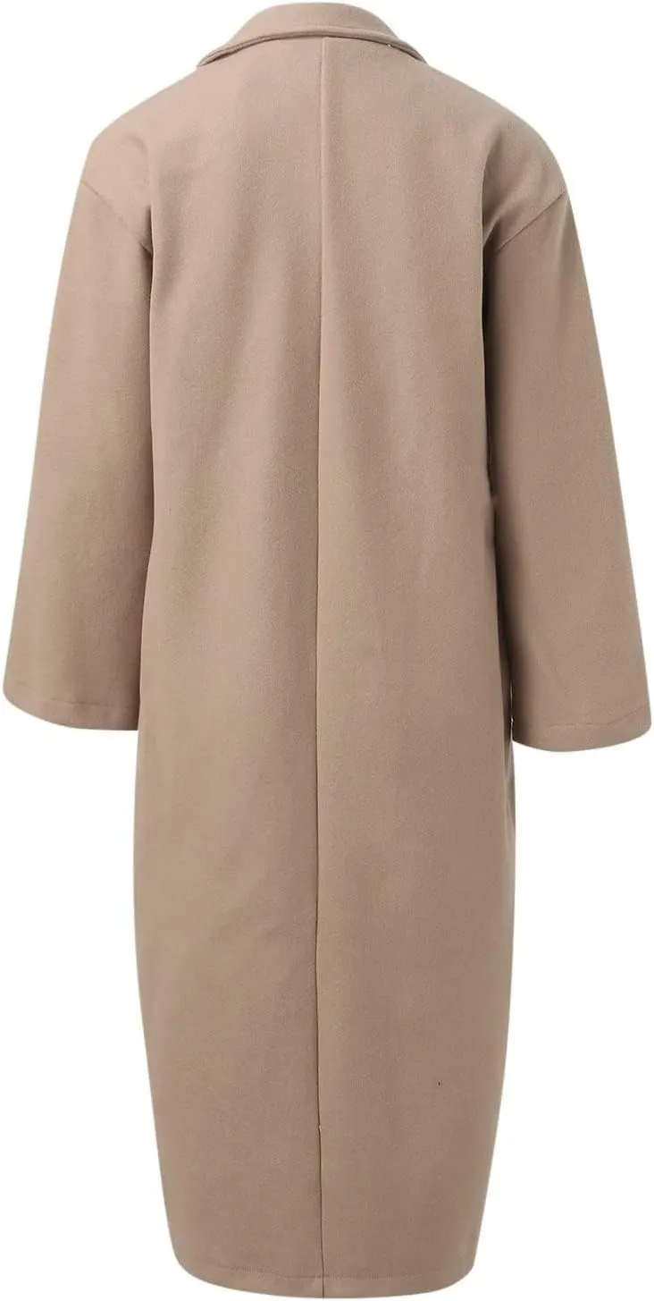Womens Long Trench Coats Notch Lapel Double Breasted Pea Coats Mid Long Wool Blend Overcoat Winter Jackets Outwear