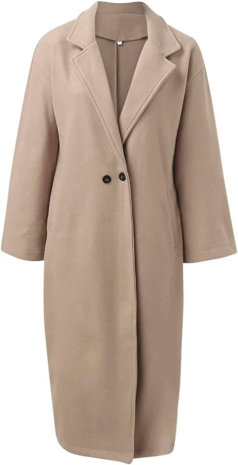 Womens Long Trench Coats Notch Lapel Double Breasted Pea Coats Mid Long Wool Blend Overcoat Winter Jackets Outwear