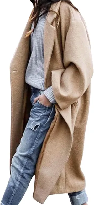 Womens Long Trench Coats Notch Lapel Double Breasted Pea Coats Mid Long Wool Blend Overcoat Winter Jackets Outwear