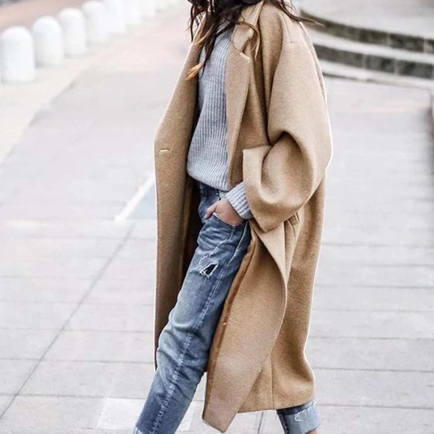 Womens Long Trench Coats Notch Lapel Double Breasted Pea Coats Mid Long Wool Blend Overcoat Winter Jackets Outwear