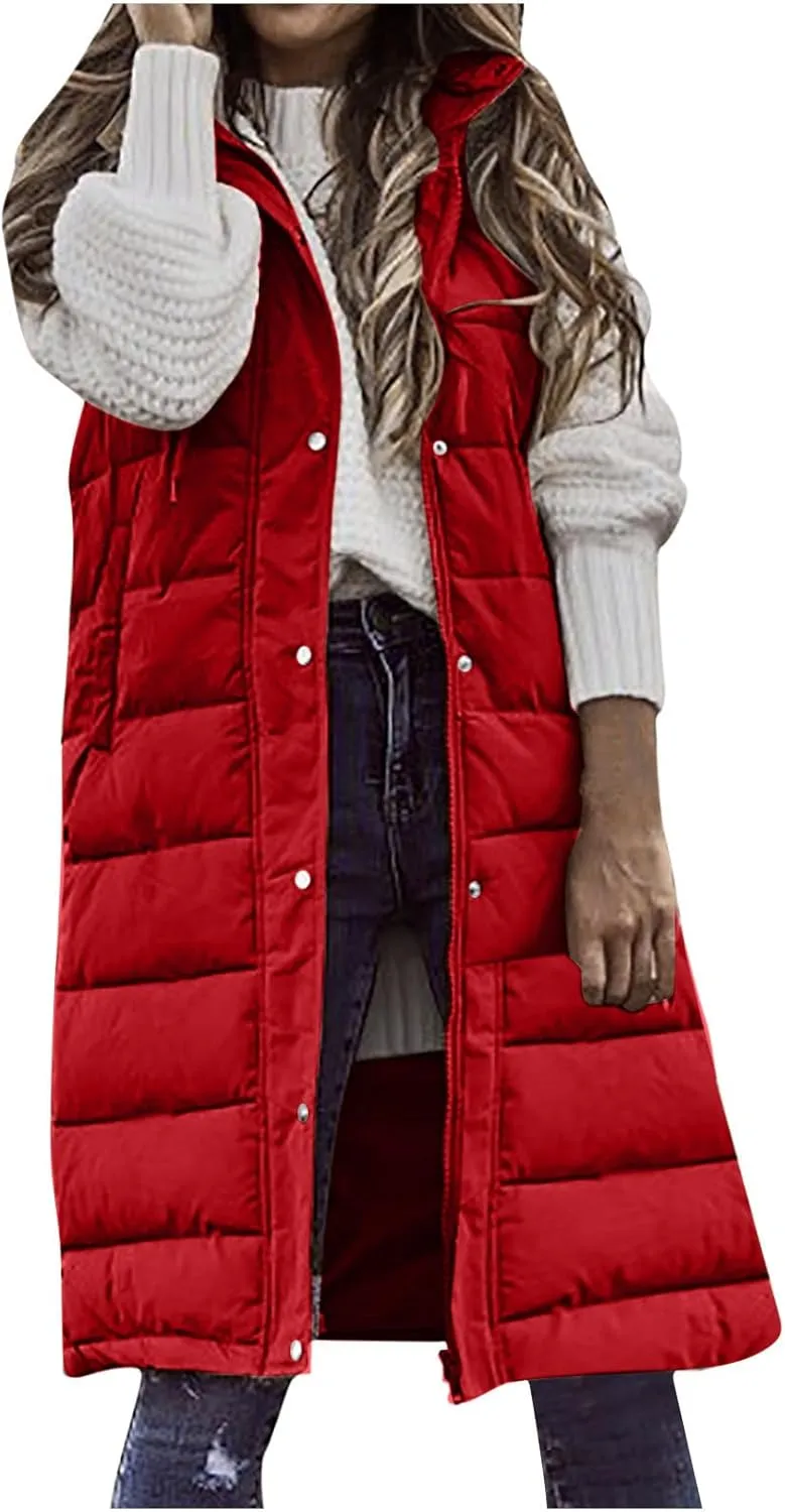 Women's Long Vest Sleeveless Lightweight Puffer Jacket Down Coat Button Up Quilted Vest with Drawstring Hood