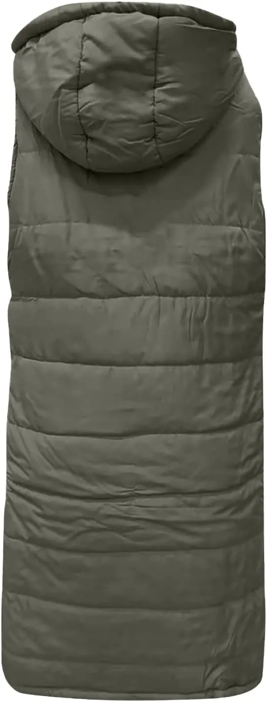 Women's Long Vest Sleeveless Lightweight Puffer Jacket Down Coat Button Up Quilted Vest with Drawstring Hood