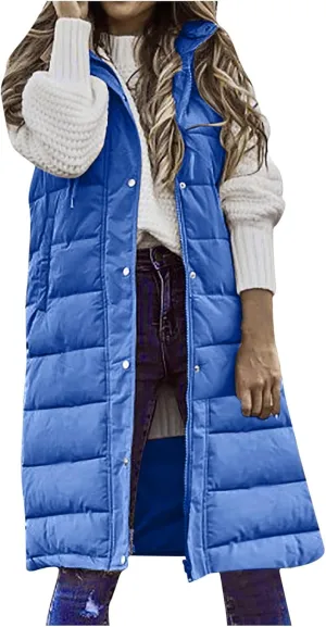 Women's Long Vest Sleeveless Lightweight Puffer Jacket Down Coat Button Up Quilted Vest with Drawstring Hood