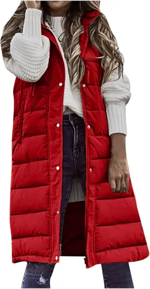 Women's Long Vest Sleeveless Lightweight Puffer Jacket Down Coat Button Up Quilted Vest with Drawstring Hood