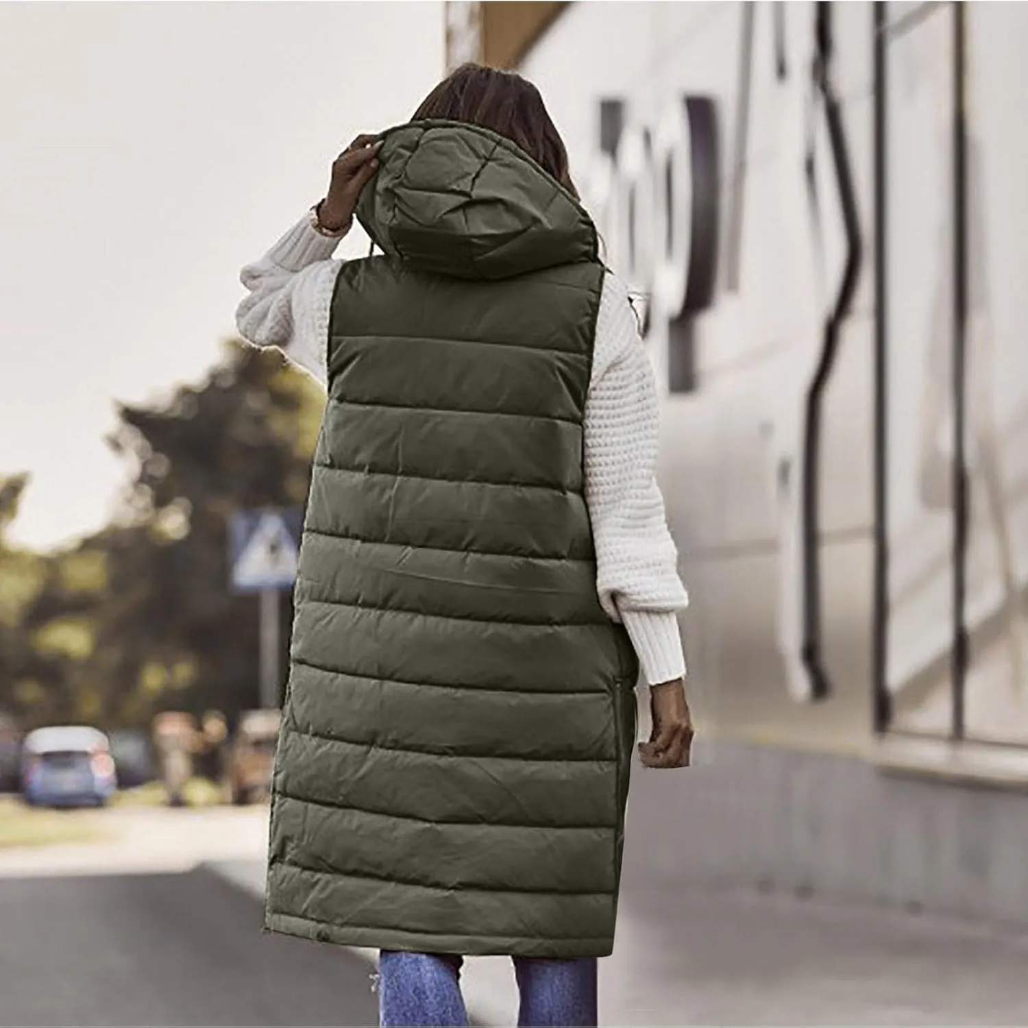 Women's Long Vest Sleeveless Lightweight Puffer Jacket Down Coat Button Up Quilted Vest with Drawstring Hood