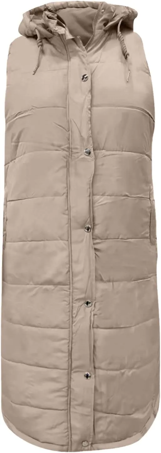 Women's Long Vest Sleeveless Lightweight Puffer Jacket Down Coat Button Up Quilted Vest with Drawstring Hood