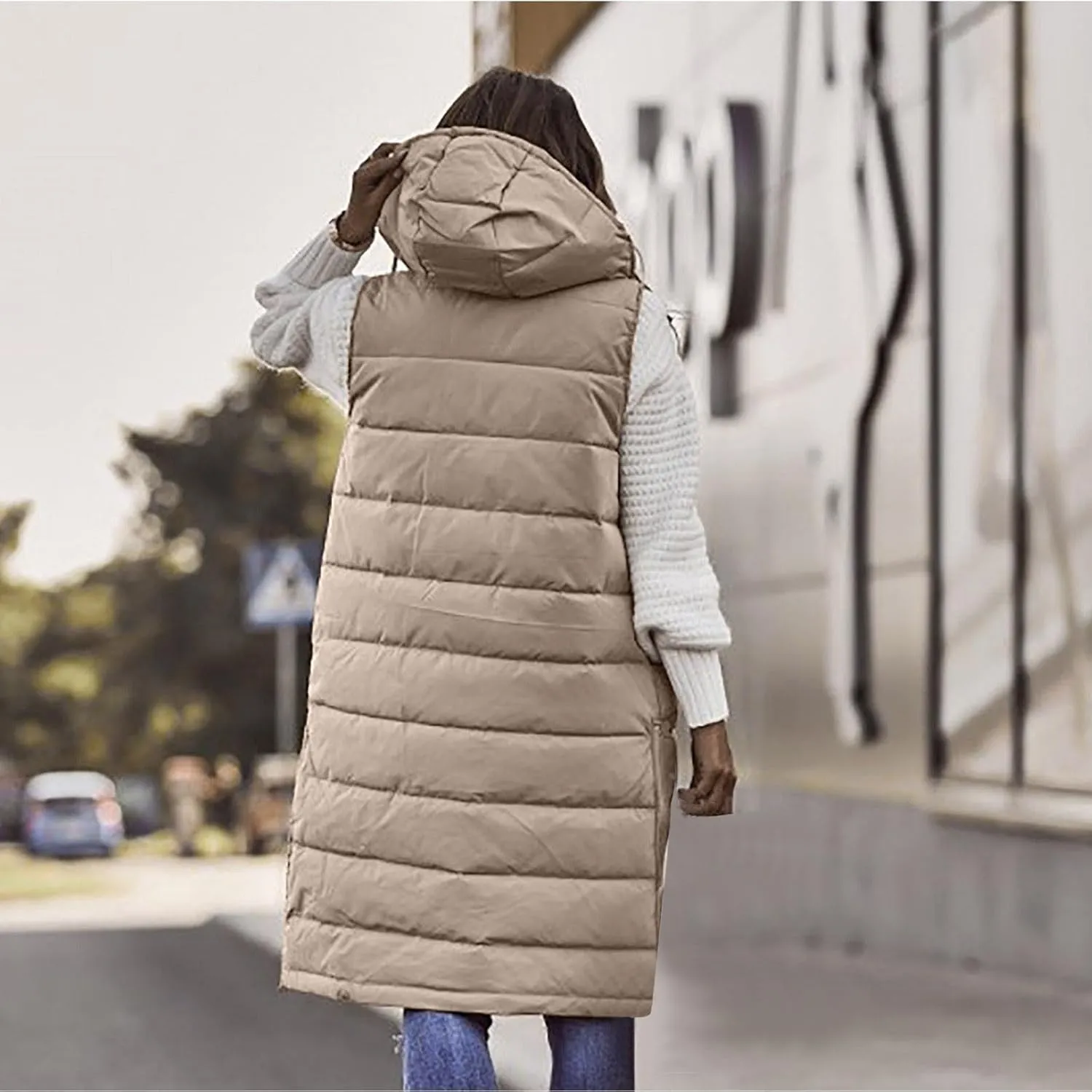 Women's Long Vest Sleeveless Lightweight Puffer Jacket Down Coat Button Up Quilted Vest with Drawstring Hood