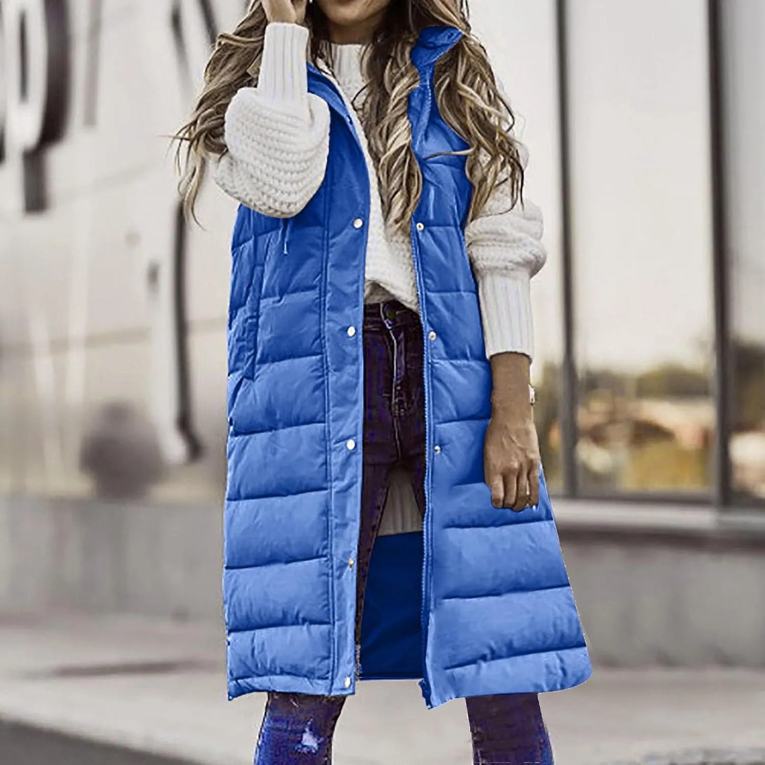 Women's Long Vest Sleeveless Lightweight Puffer Jacket Down Coat Button Up Quilted Vest with Drawstring Hood