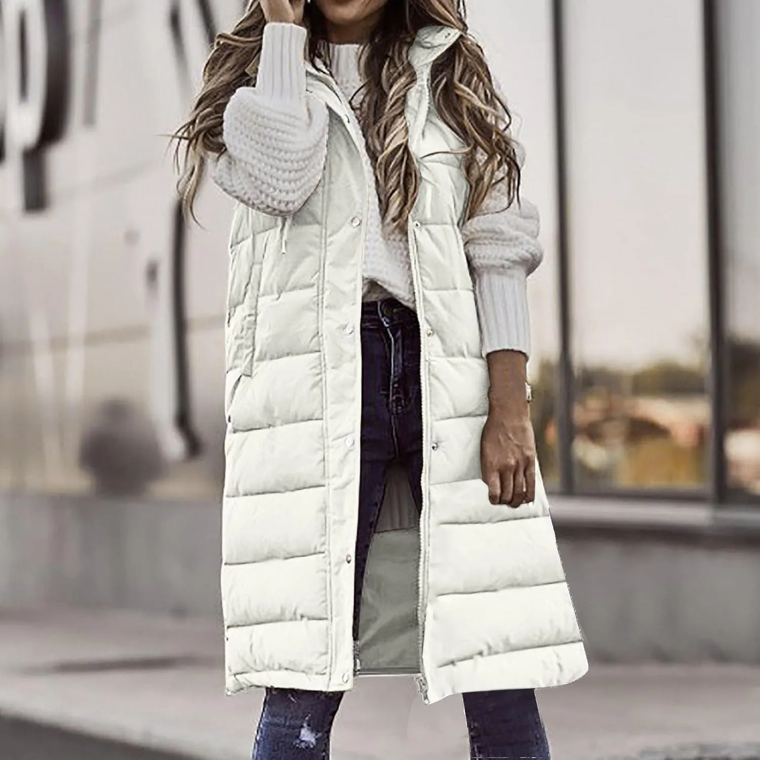 Women's Long Vest Sleeveless Lightweight Puffer Jacket Down Coat Button Up Quilted Vest with Drawstring Hood