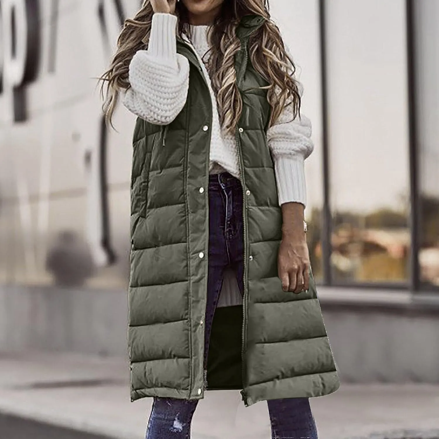 Women's Long Vest Sleeveless Lightweight Puffer Jacket Down Coat Button Up Quilted Vest with Drawstring Hood