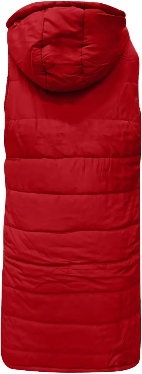 Women's Long Vest Sleeveless Lightweight Puffer Jacket Down Coat Button Up Quilted Vest with Drawstring Hood