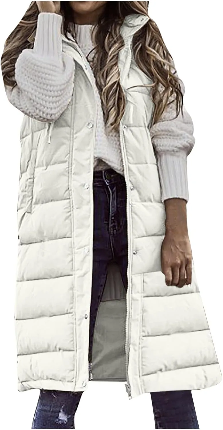 Women's Long Vest Sleeveless Lightweight Puffer Jacket Down Coat Button Up Quilted Vest with Drawstring Hood