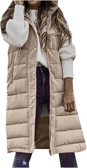 Women's Long Vest Sleeveless Lightweight Puffer Jacket Down Coat Button Up Quilted Vest with Drawstring Hood