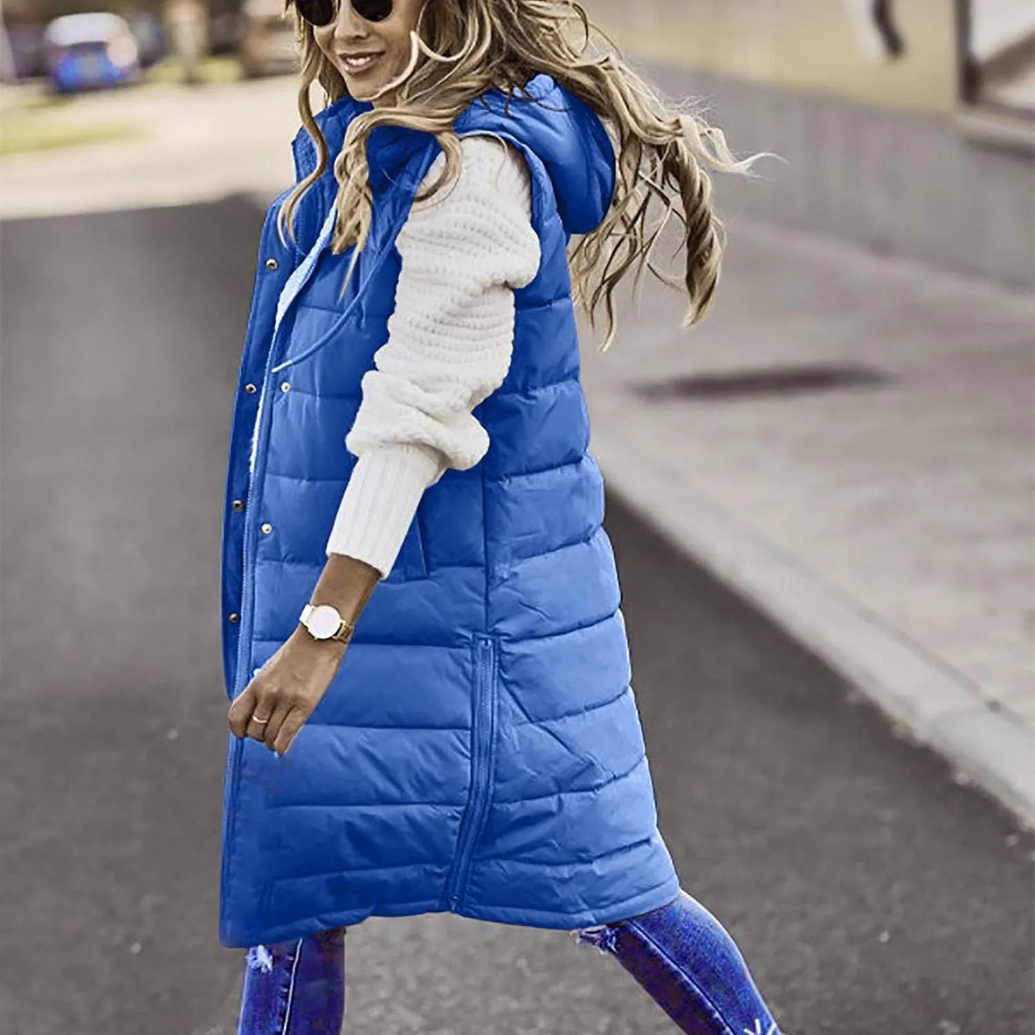 Women's Long Vest Sleeveless Lightweight Puffer Jacket Down Coat Button Up Quilted Vest with Drawstring Hood