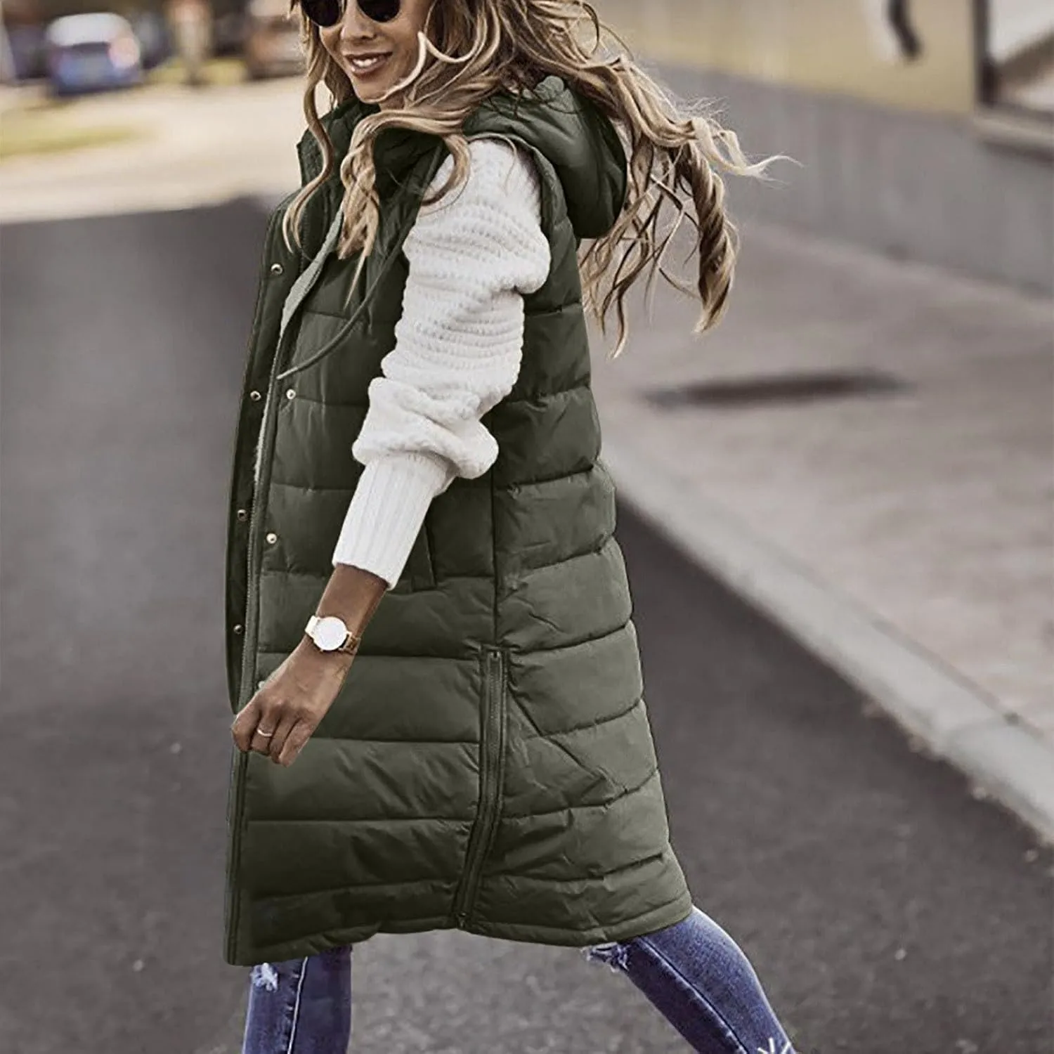 Women's Long Vest Sleeveless Lightweight Puffer Jacket Down Coat Button Up Quilted Vest with Drawstring Hood