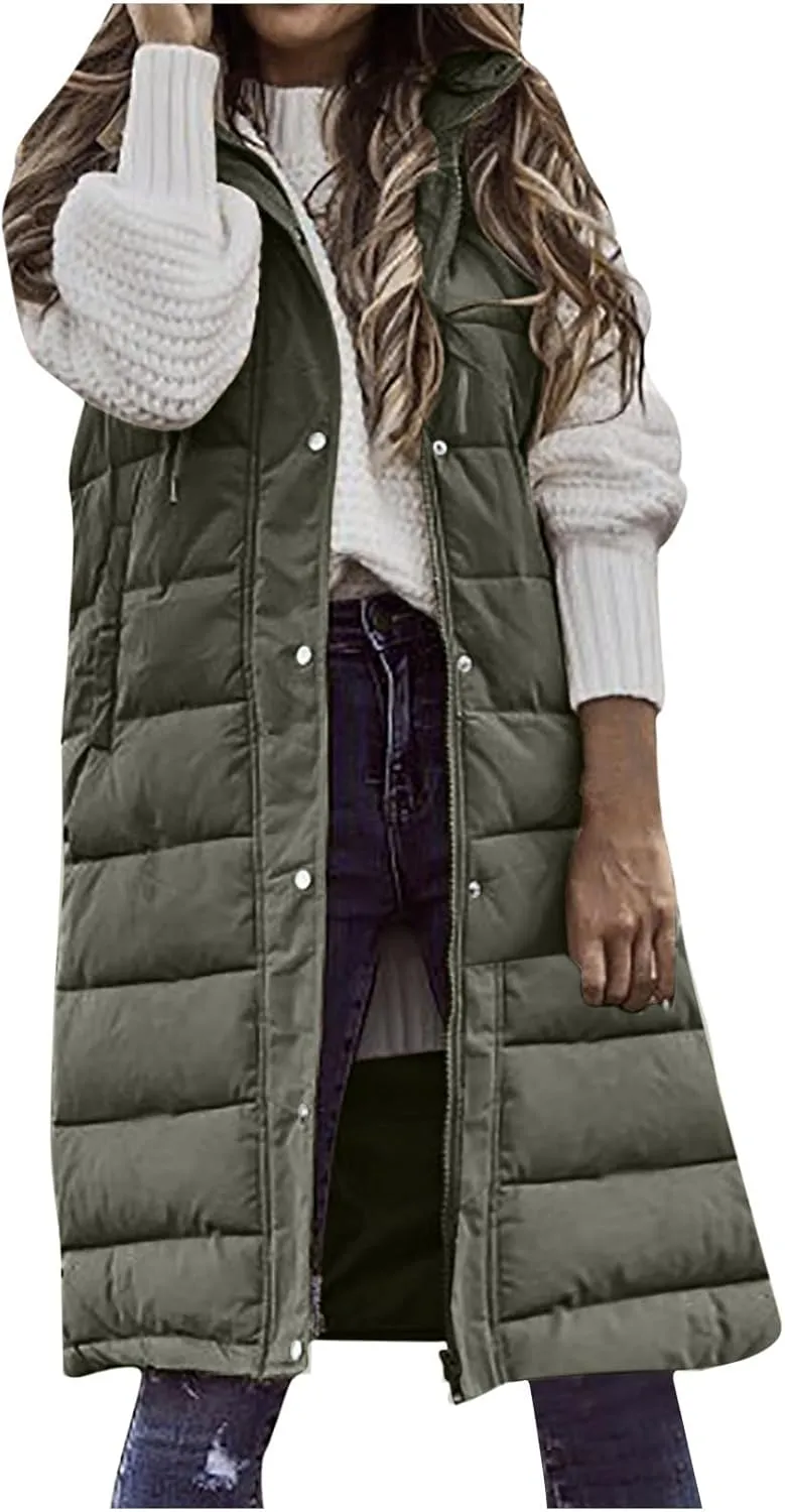 Women's Long Vest Sleeveless Lightweight Puffer Jacket Down Coat Button Up Quilted Vest with Drawstring Hood