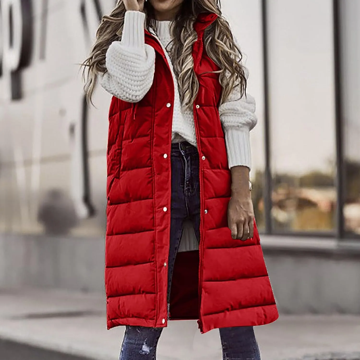 Women's Long Vest Sleeveless Lightweight Puffer Jacket Down Coat Button Up Quilted Vest with Drawstring Hood