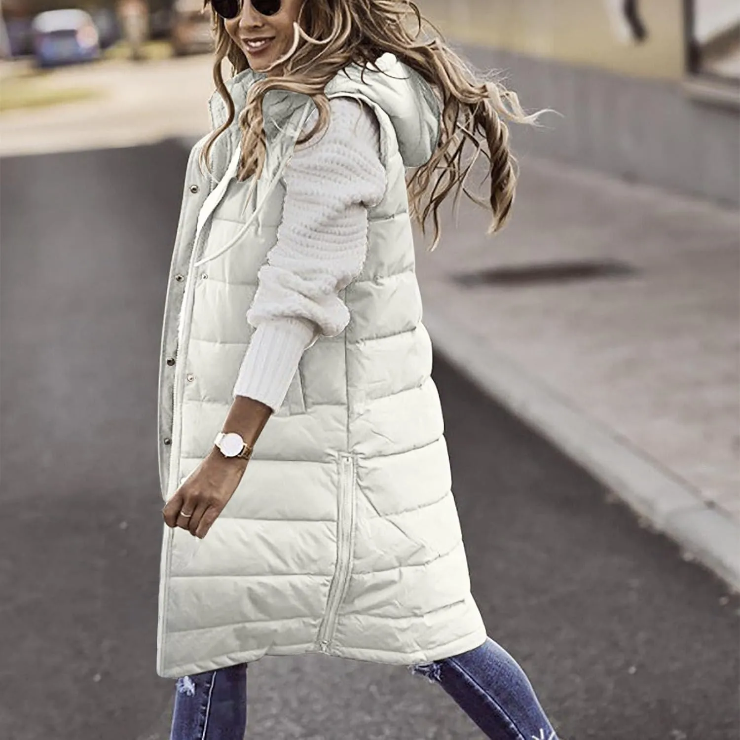 Women's Long Vest Sleeveless Lightweight Puffer Jacket Down Coat Button Up Quilted Vest with Drawstring Hood