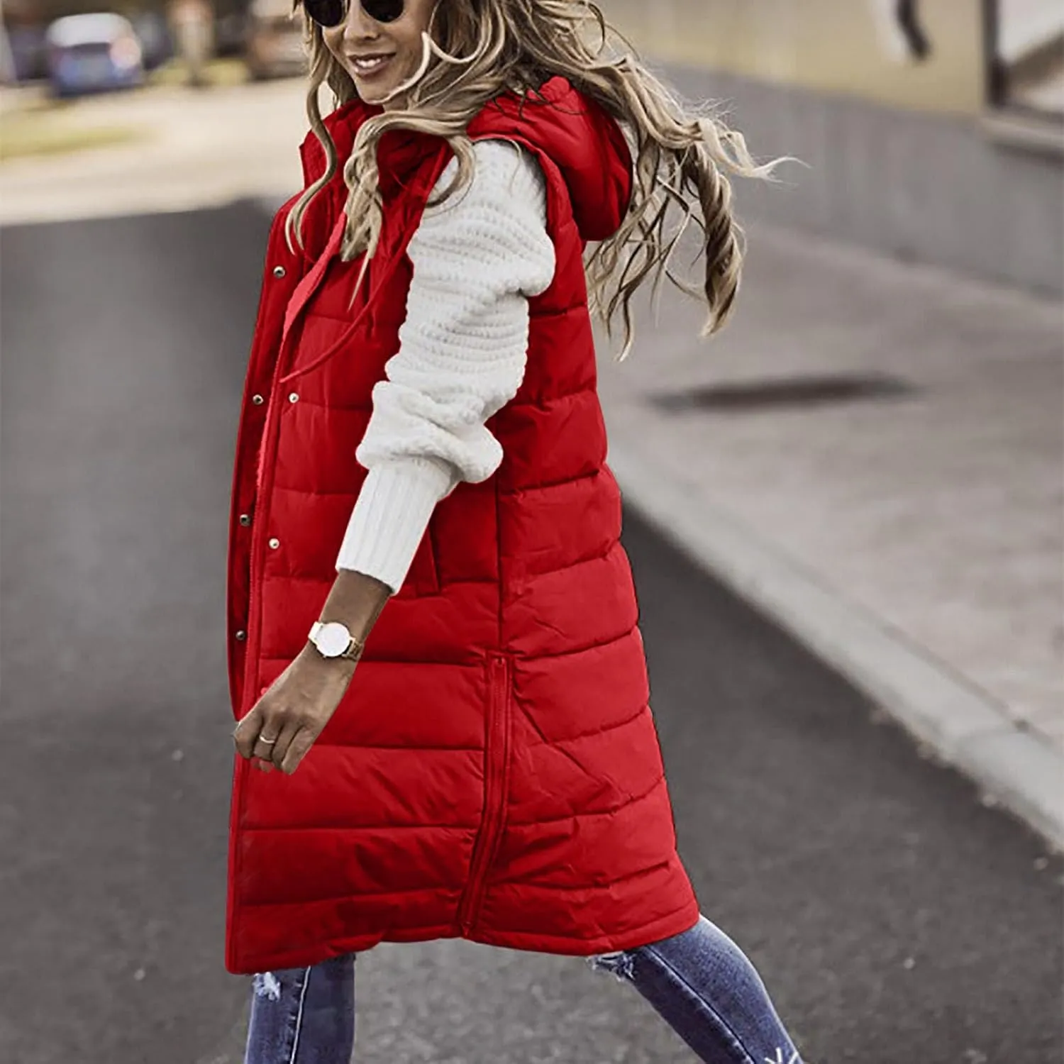 Women's Long Vest Sleeveless Lightweight Puffer Jacket Down Coat Button Up Quilted Vest with Drawstring Hood