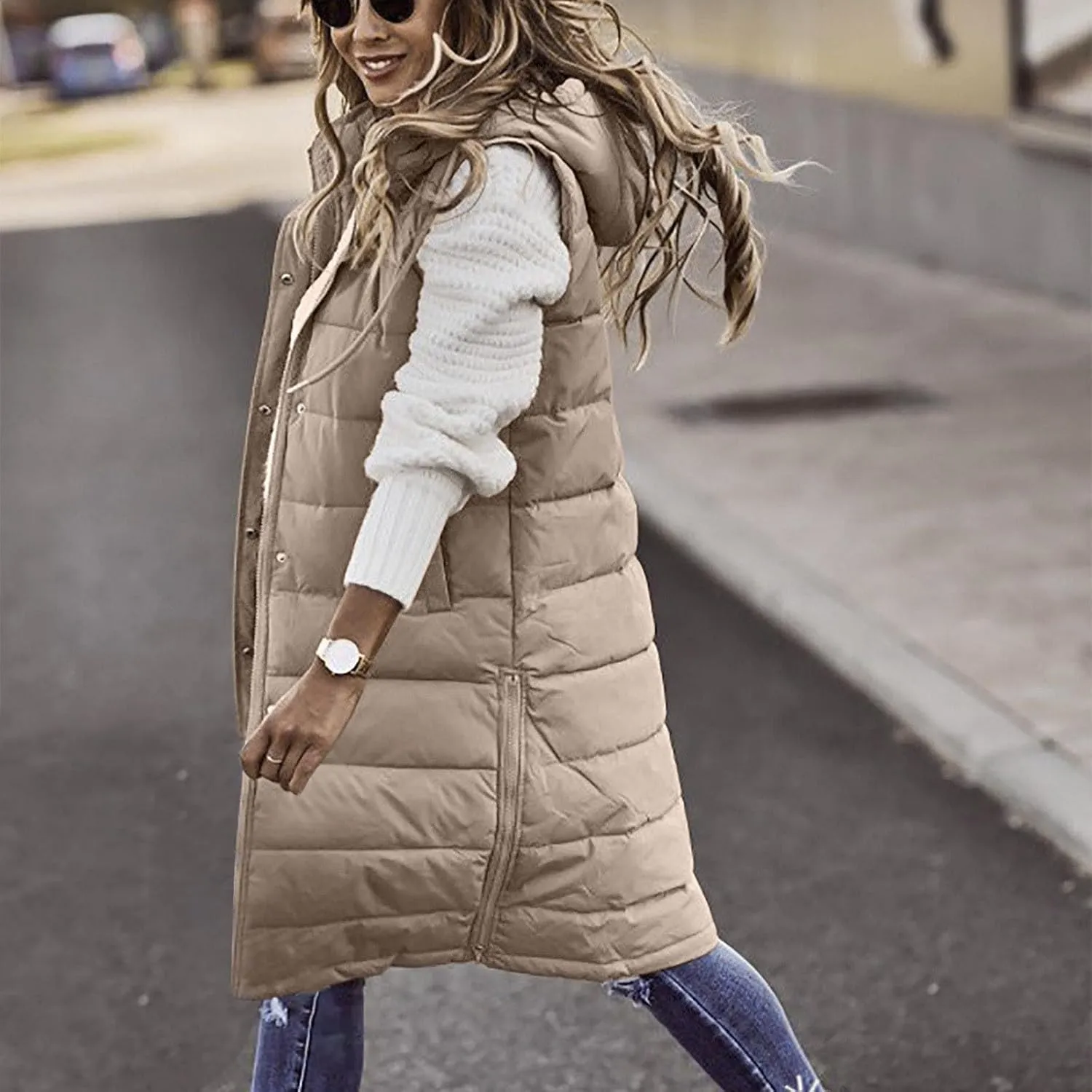 Women's Long Vest Sleeveless Lightweight Puffer Jacket Down Coat Button Up Quilted Vest with Drawstring Hood