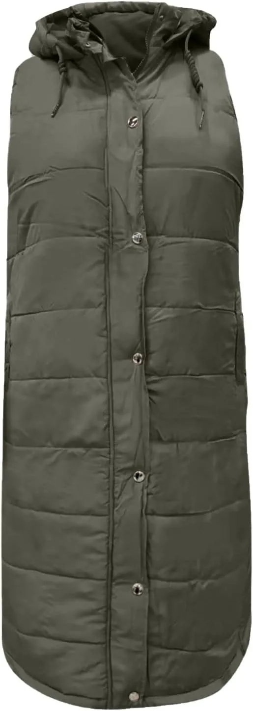 Women's Long Vest Sleeveless Lightweight Puffer Jacket Down Coat Button Up Quilted Vest with Drawstring Hood