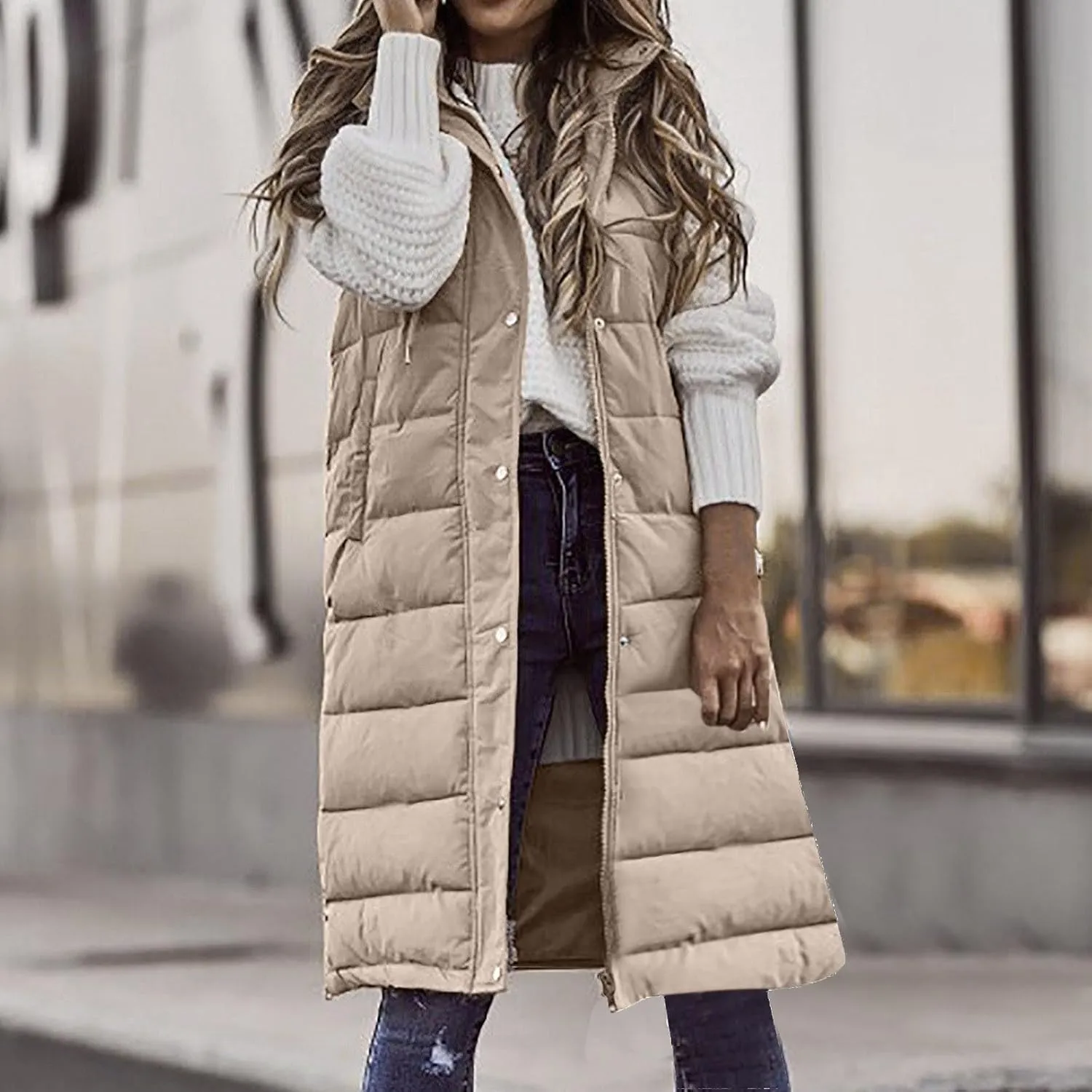 Women's Long Vest Sleeveless Lightweight Puffer Jacket Down Coat Button Up Quilted Vest with Drawstring Hood