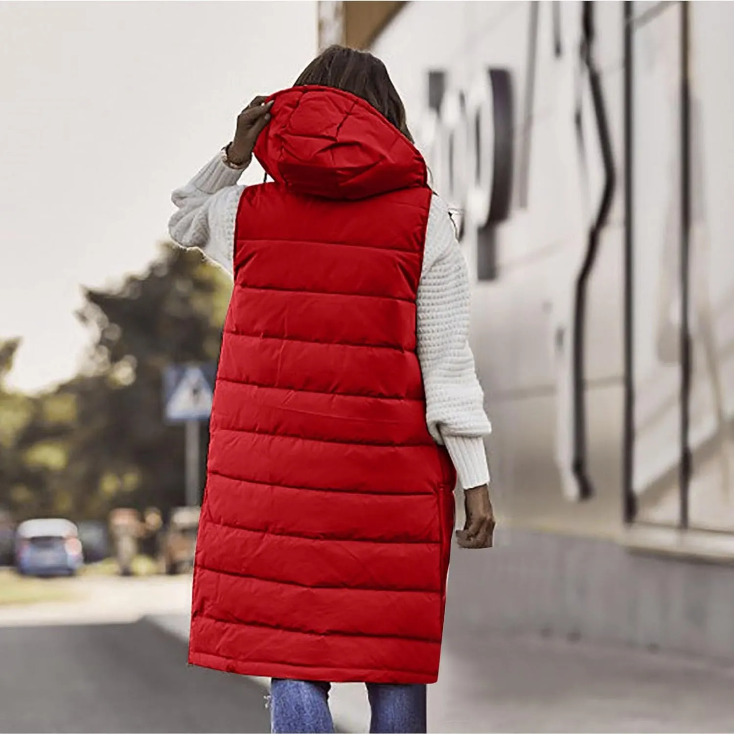 Women's Long Vest Sleeveless Lightweight Puffer Jacket Down Coat Button Up Quilted Vest with Drawstring Hood