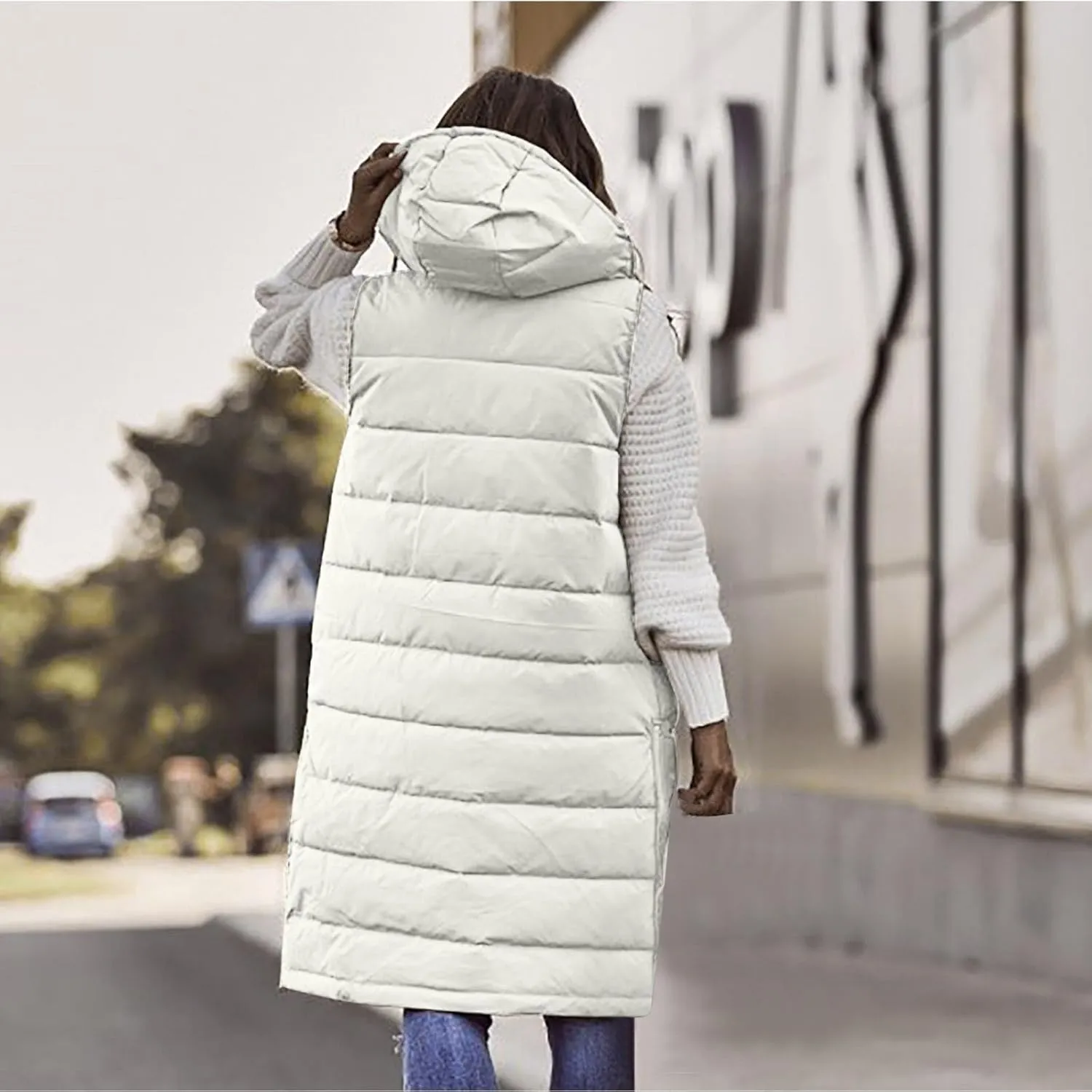 Women's Long Vest Sleeveless Lightweight Puffer Jacket Down Coat Button Up Quilted Vest with Drawstring Hood