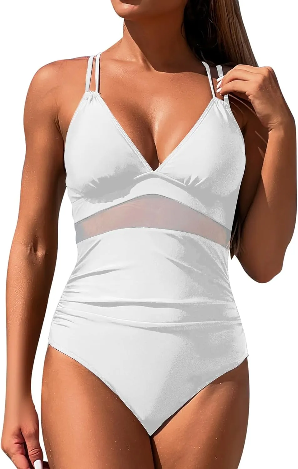 Women's One Piece Swimsuit 2025 Tummy Control Hollow Mesh Slimming Swimwear Trendy Solid High Waisted Sling Bathing Suits