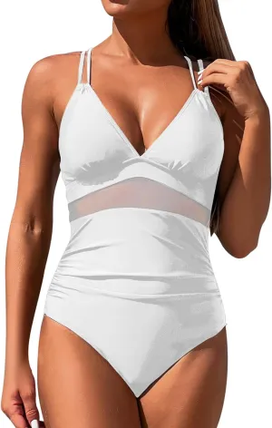 Women's One Piece Swimsuit 2025 Tummy Control Hollow Mesh Slimming Swimwear Trendy Solid High Waisted Sling Bathing Suits