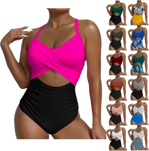 Womens One Piece Swimsuit Tummy Control Backless Bathing Suits Front Cross High Cut Monokini Ruched Swimwear