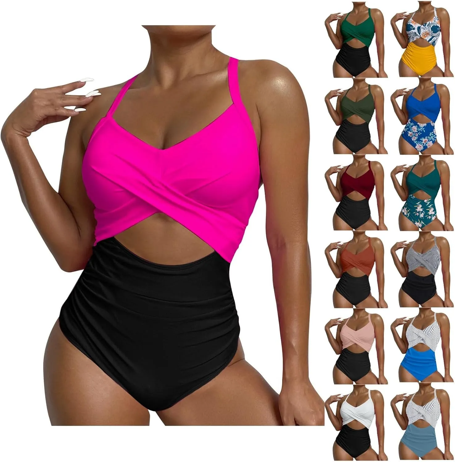 Womens One Piece Swimsuit Tummy Control Backless Bathing Suits Front Cross High Cut Monokini Ruched Swimwear