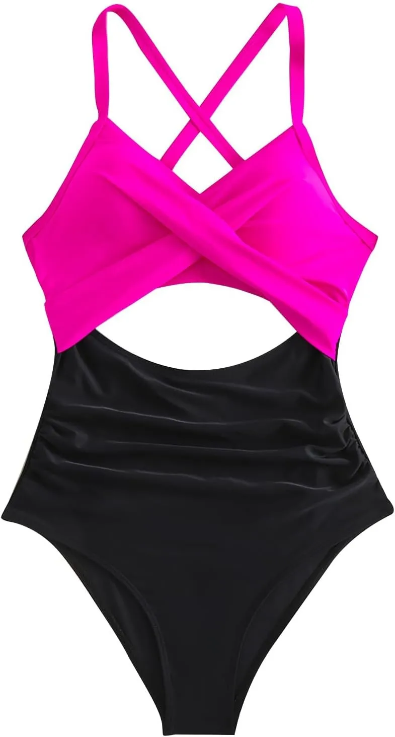 Womens One Piece Swimsuit Tummy Control Backless Bathing Suits Front Cross High Cut Monokini Ruched Swimwear