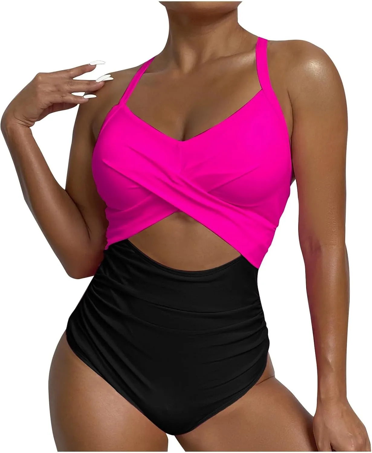 Womens One Piece Swimsuit Tummy Control Backless Bathing Suits Front Cross High Cut Monokini Ruched Swimwear