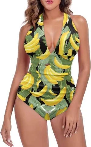 Women's One Piece Swimsuit Tummy Control High Cut Bathing Suit Vintage V Neck Swimwear Tie String