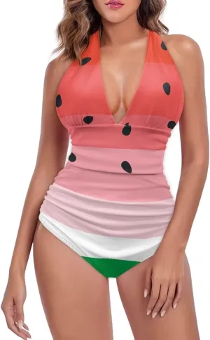 Women's One Piece Swimsuit Tummy Control High Cut Bathing Suit Vintage V Neck Swimwear Tie String