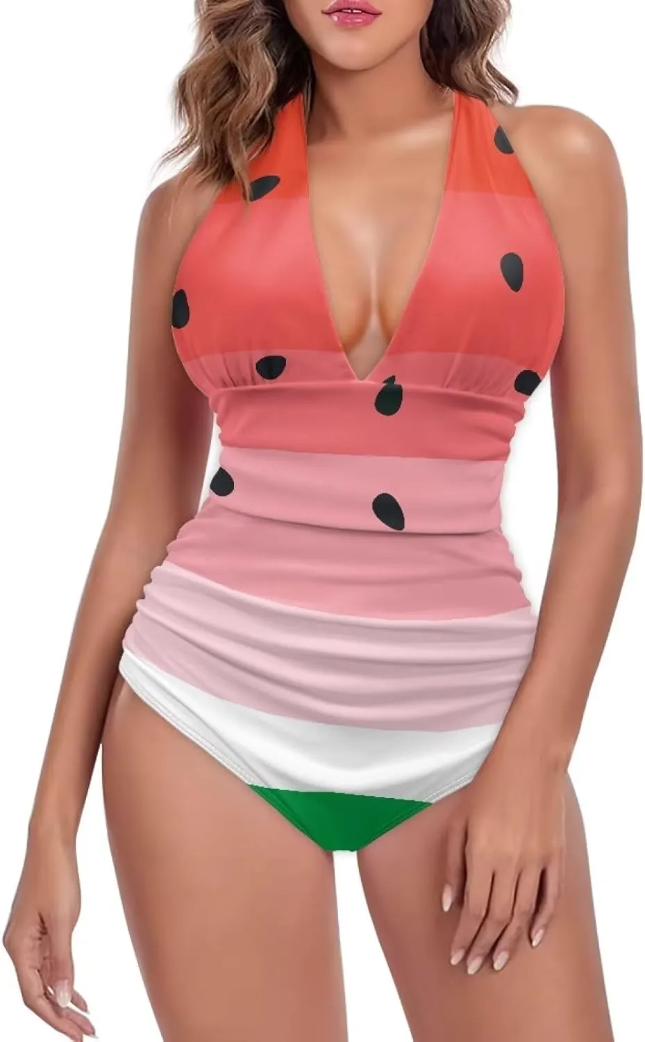 Women's One Piece Swimsuit Tummy Control High Cut Bathing Suit Vintage V Neck Swimwear Tie String