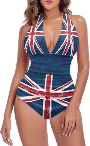Women's One Piece Swimsuit Tummy Control High Cut Bathing Suit Vintage V Neck Swimwear Tie String