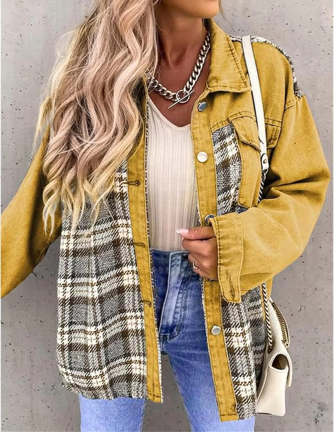 Women's Oversized Denim Jacket Button Up Frayed Hem Shacket Long Sleeve Lapel Plaid Shirt Jacket Boyfriend Jean Jacket